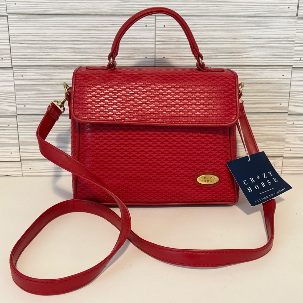 Vintage Red Crazy Horse Liz Claiborne Diamond Textured Shoulder Hand Bag ‘99 NWT